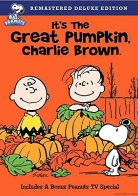 DVD cover for the remastered deluxe edition of “It’s the Great Pumpkin, Charlie Brown,” featuring Charlie Brown, Linus, and Snoopy in a pumpkin patch. Halloween TV specials from the 1970s.