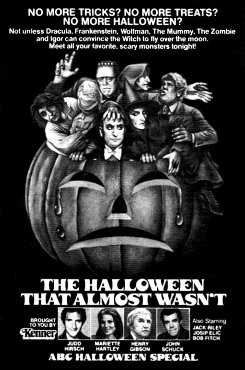 Promotional poster for the ABC Halloween special The Halloween That Almost Wasn’t, featuring an illustration of classic movie monsters emerging from a jack-o’-lantern and headshots of the starring actors.
