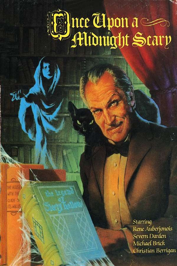 Book cover for “Once Upon a Midnight Scary,” featuring a man in a tuxedo, a black cat, and a ghostly figure in front of a bookshelf, with a book titled “The Legend of Sleepy Hollow” in the foreground.