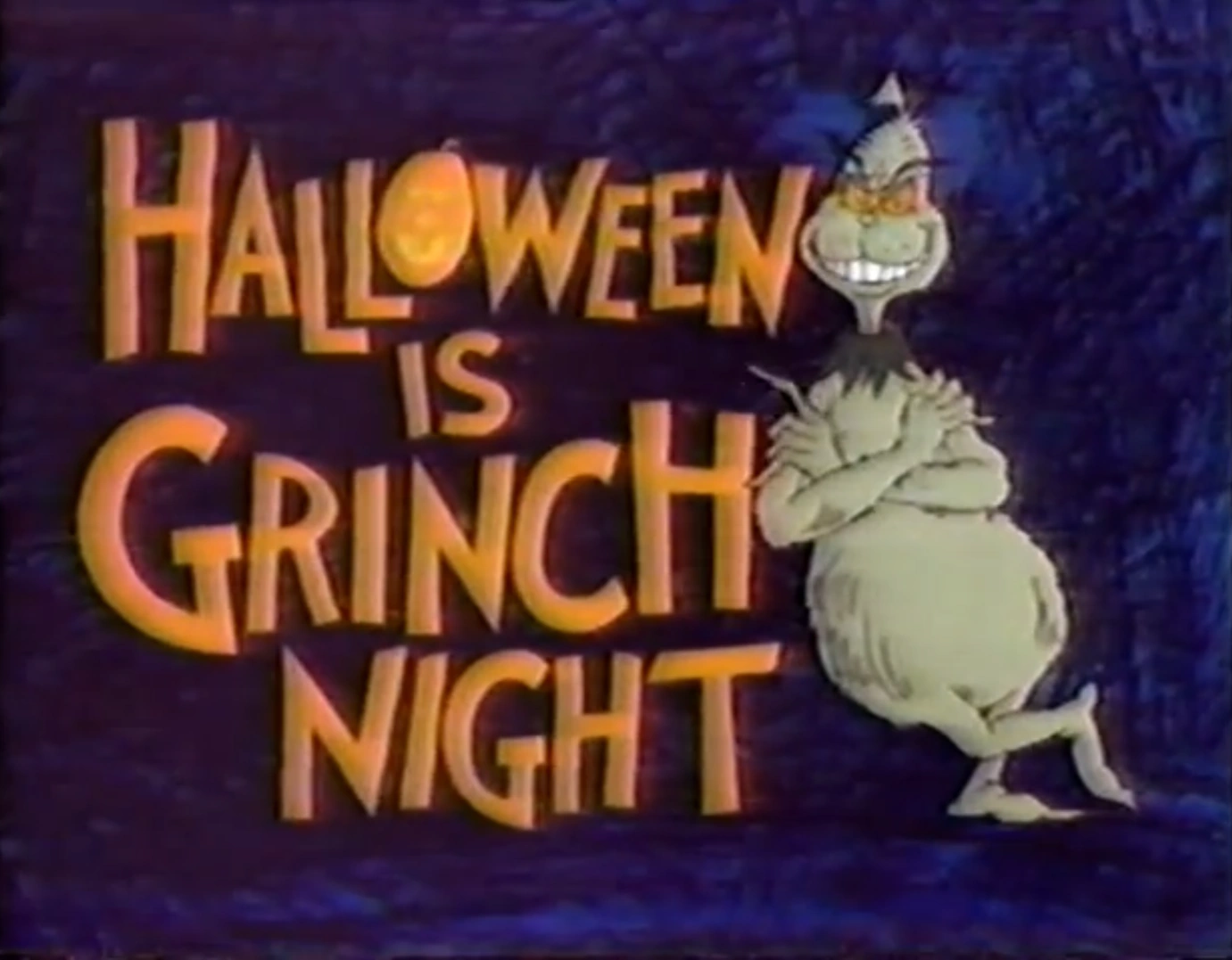 The Grinch leans against the title text “Halloween is Grinch Night” against a dark, textured background.
