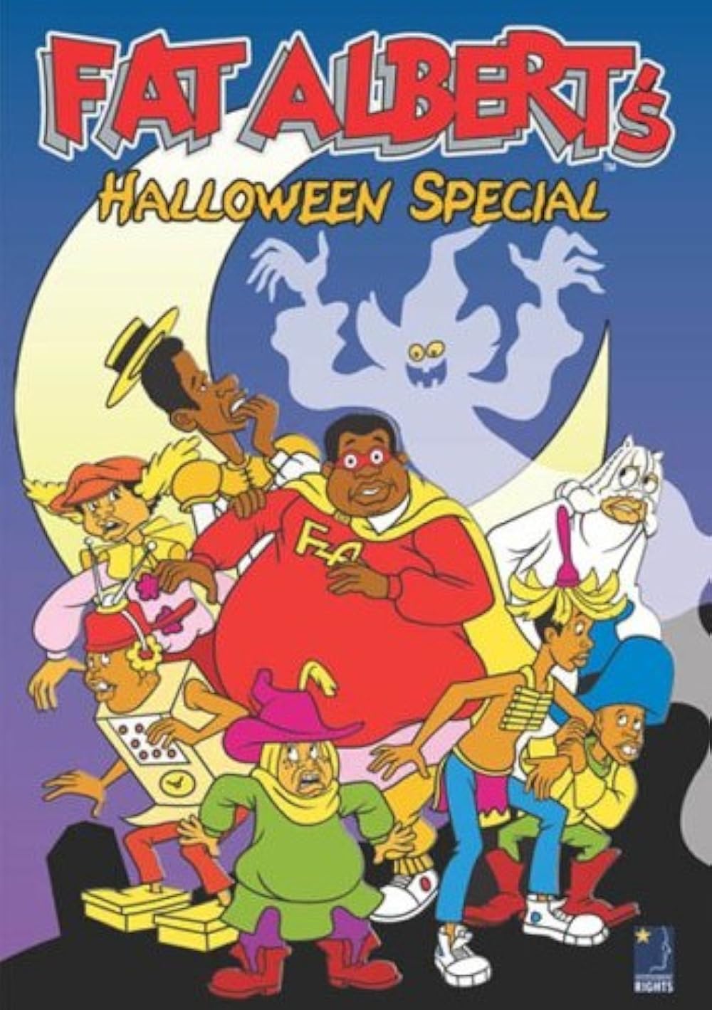 Poster for Fat Albert’s Halloween Special featuring the main characters in various Halloween costumes in front of a crescent moon and a cartoon ghost.