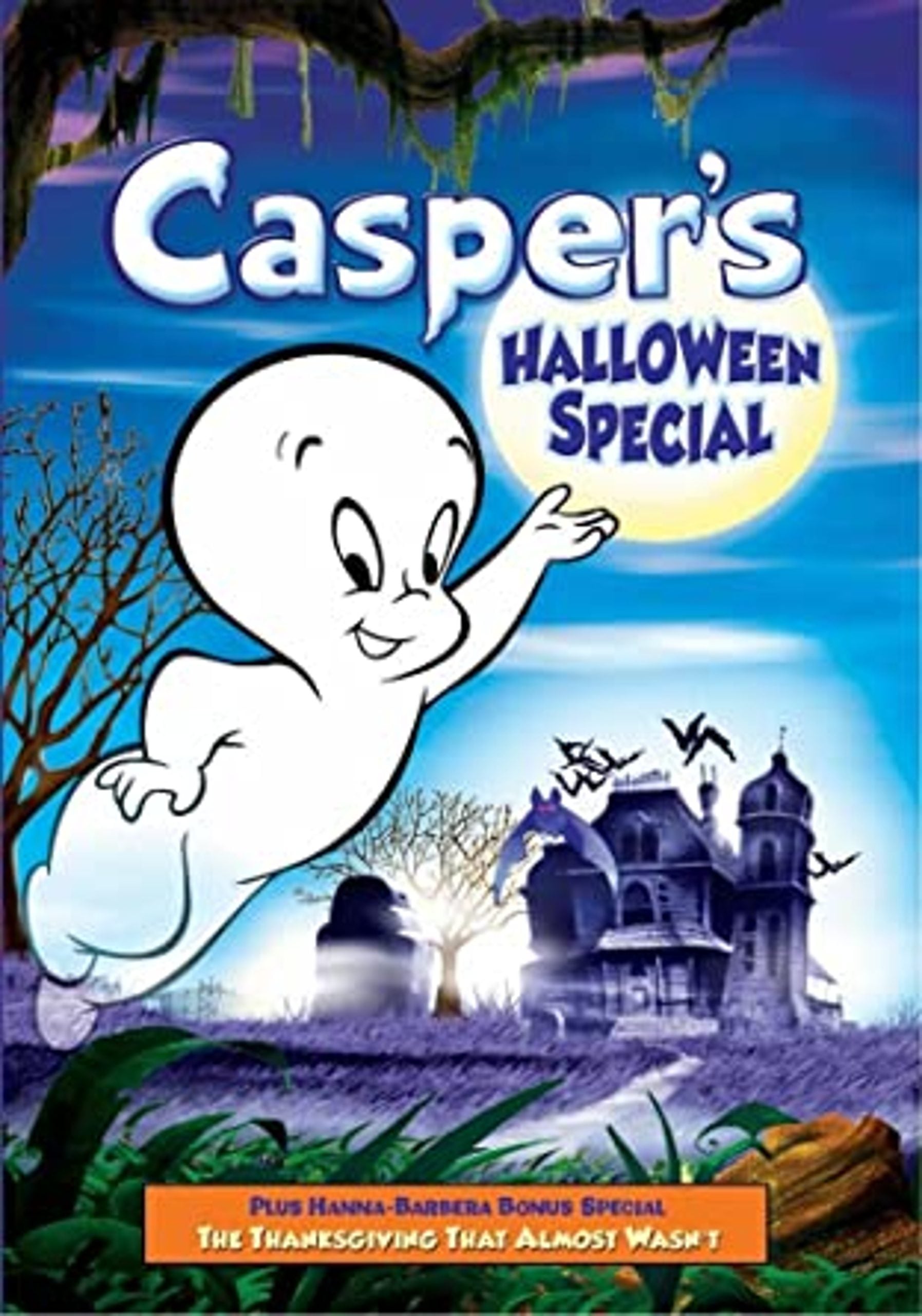 Casper the Friendly Ghost floats in front of a haunted house under a full moon on the poster for Casper’s Halloween Special.