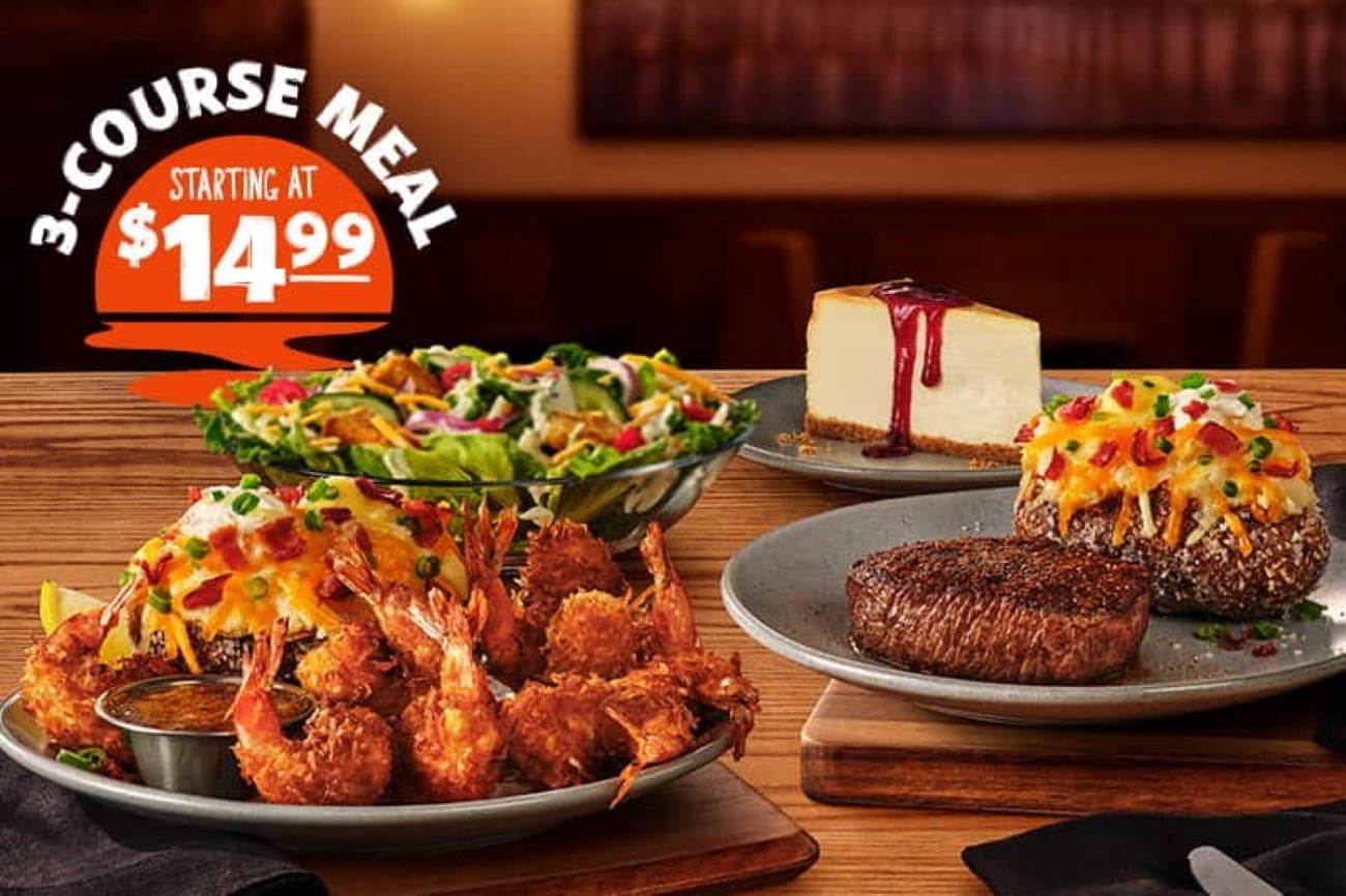 A promotional graphic for a 3-course meal starting at $14.99, showing a plate of fried shrimp and a loaded baked potato, a side salad, a steak with a loaded baked potato, and a slice of cheesecake with berry topping.