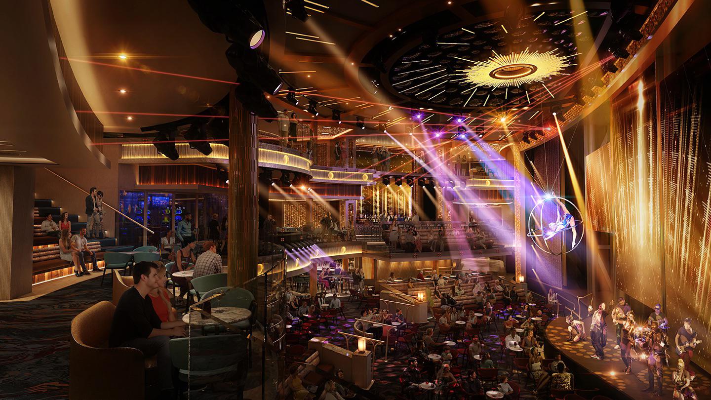 A multi-level lounge and entertainment venue on a cruise ship featuring a live band on a stage, an aerial performer in a hoop, and tiered seating for guests.