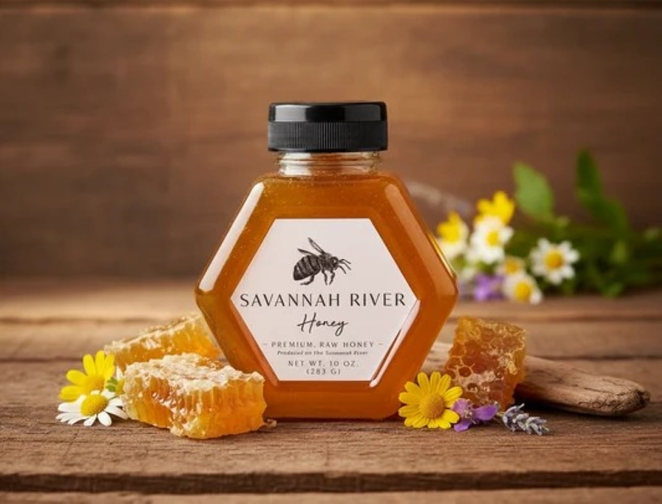 Hexagonal jar of Savannah River Honey—the best souvenir—with a label featuring a bee illustration, surrounded by honeycomb and wildflowers on a wooden surface.