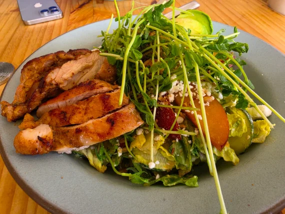 A salad topped with sliced grilled chicken, pea shoots, and fruit slices in a shallow bowl.