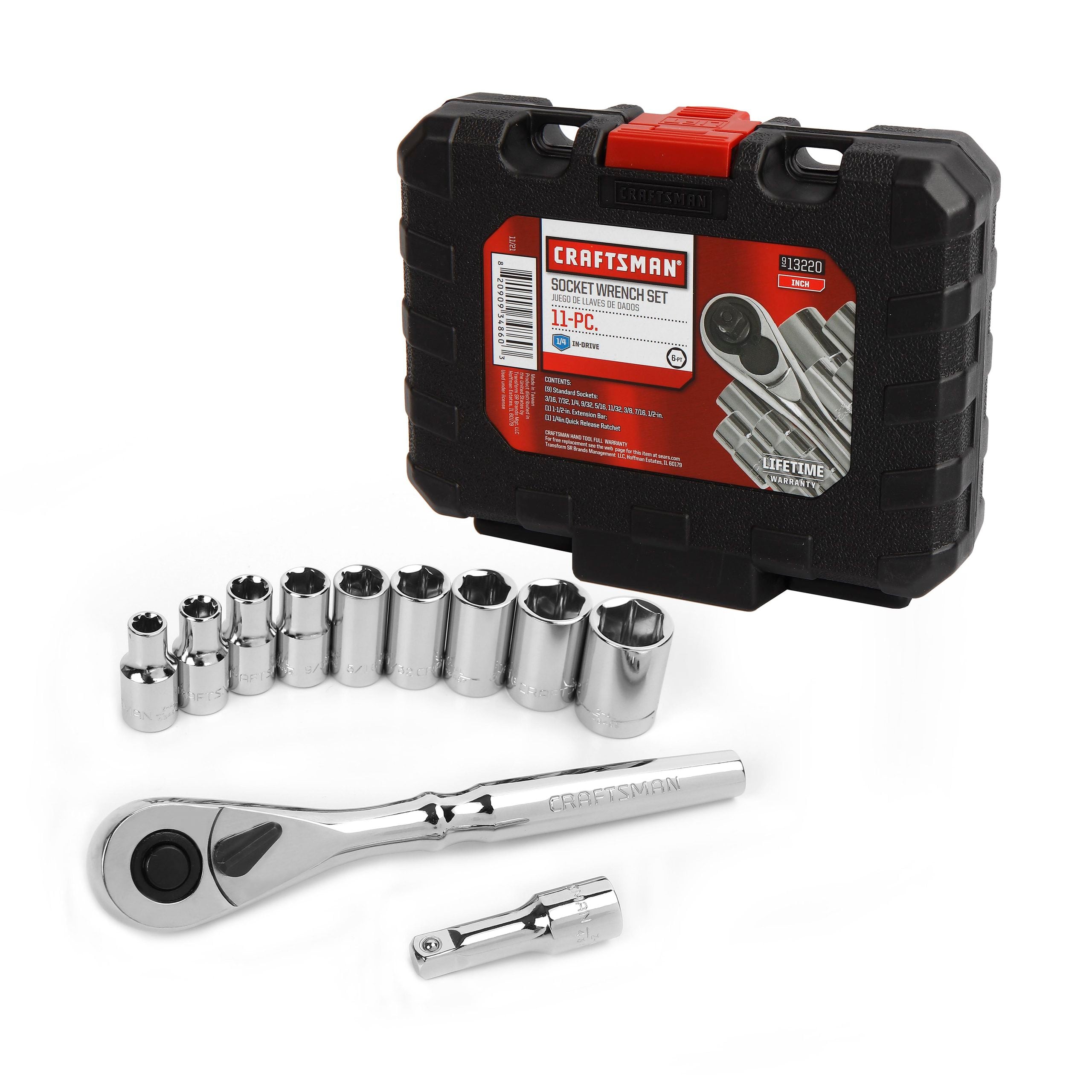 Craftsman 11-piece socket wrench set featuring a ratchet, extension bar, various sockets, and a black carrying case.