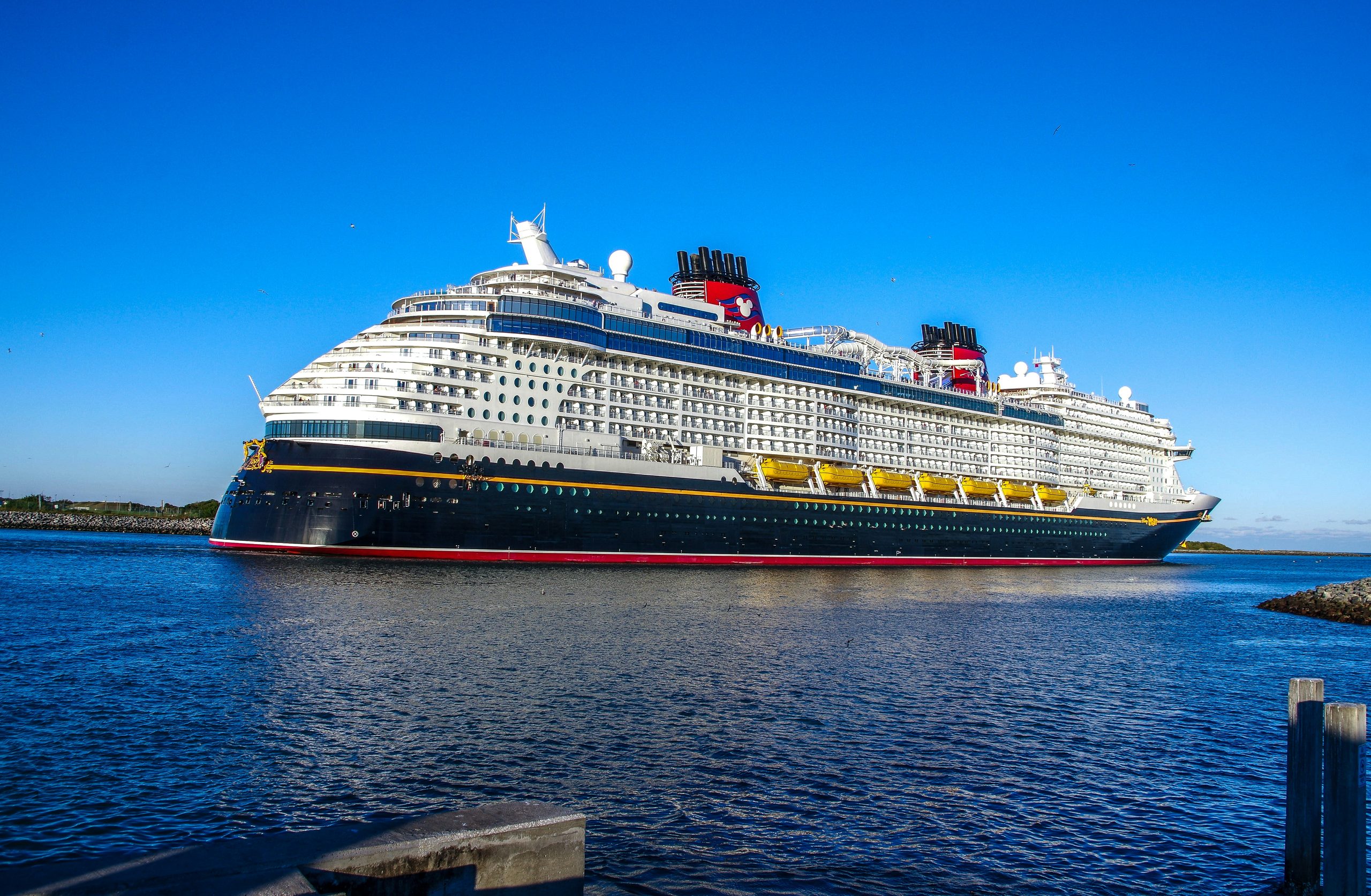 A large cruise ship with multiple decks sails on calm water under a clear blue sky, with land visible in the background.
