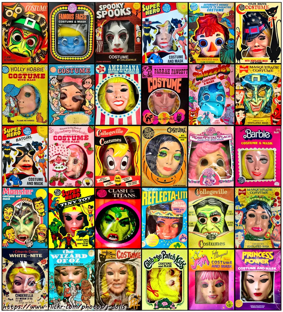 A grid of thirty vintage boxed Halloween costumes and masks, featuring various pop culture characters, superheroes, and generic figures.