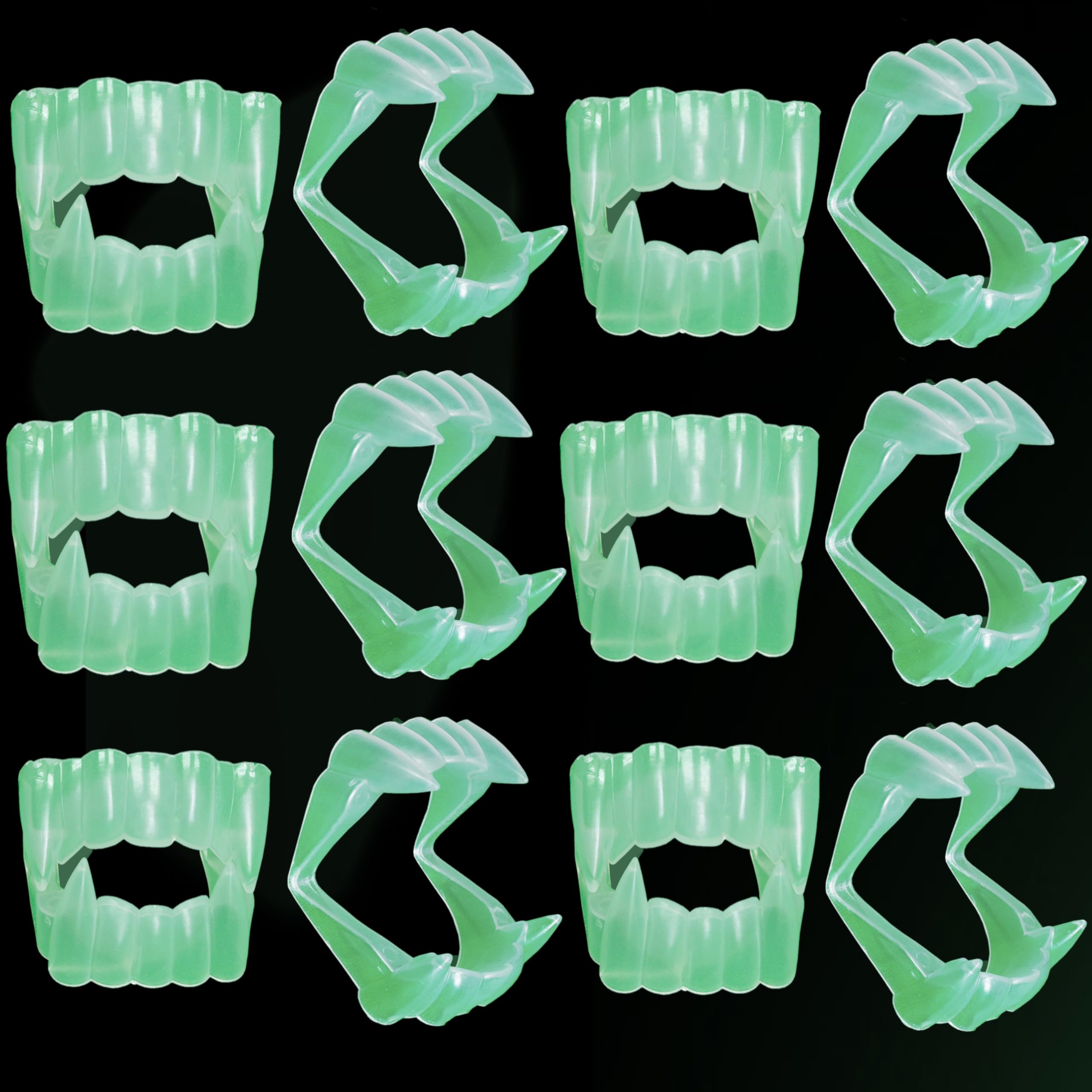A grid of glowing green plastic vampire fangs shown from the front and side against a black background.