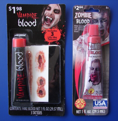 Two packages of Halloween fake blood, one labeled Vampire Blood with three temporary wound tattoos and one labeled Zombie Blood.