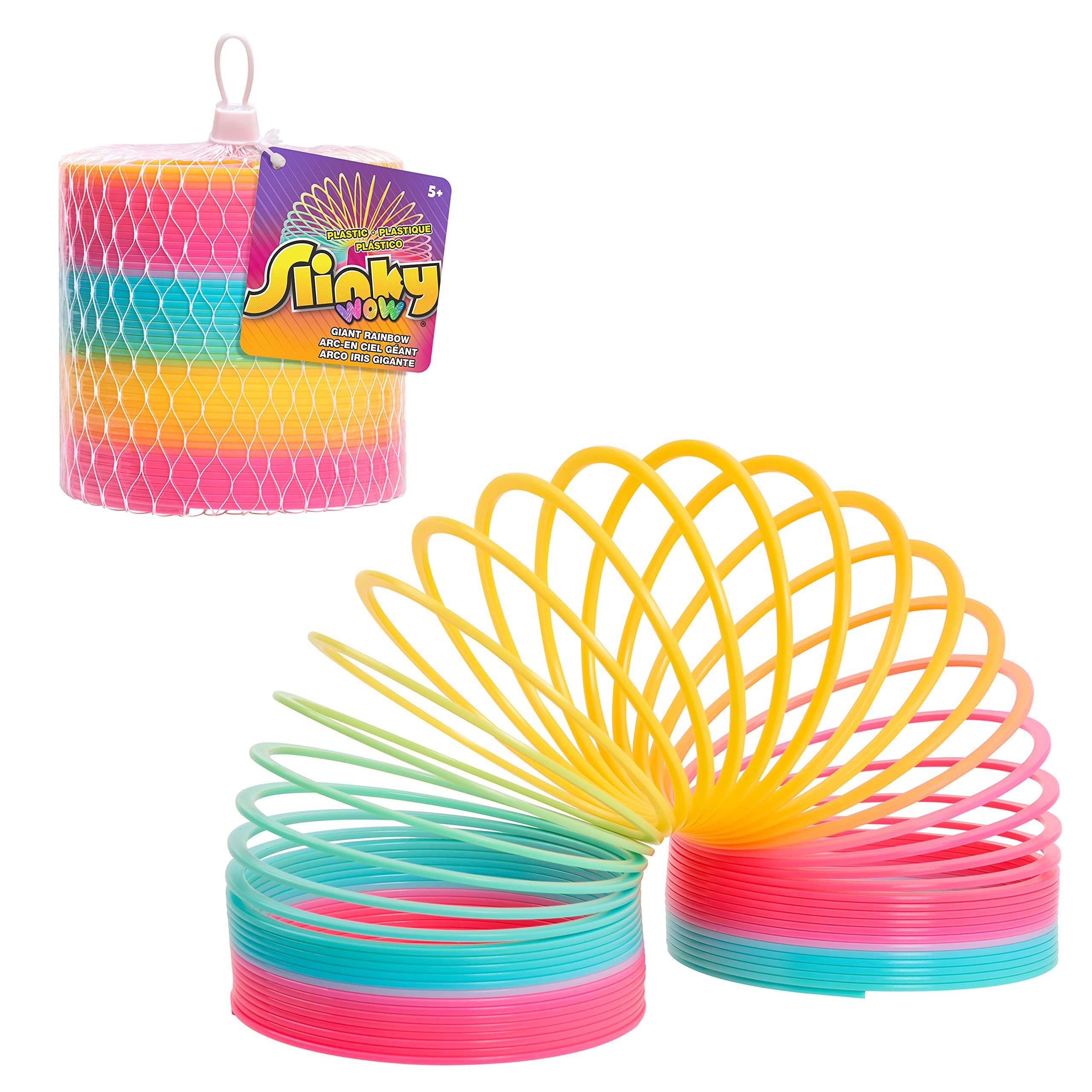 A Slinky Wow giant rainbow spring toy shown in its mesh packaging and expanded as a coiled arc. Classic Toys Boomers Loved.