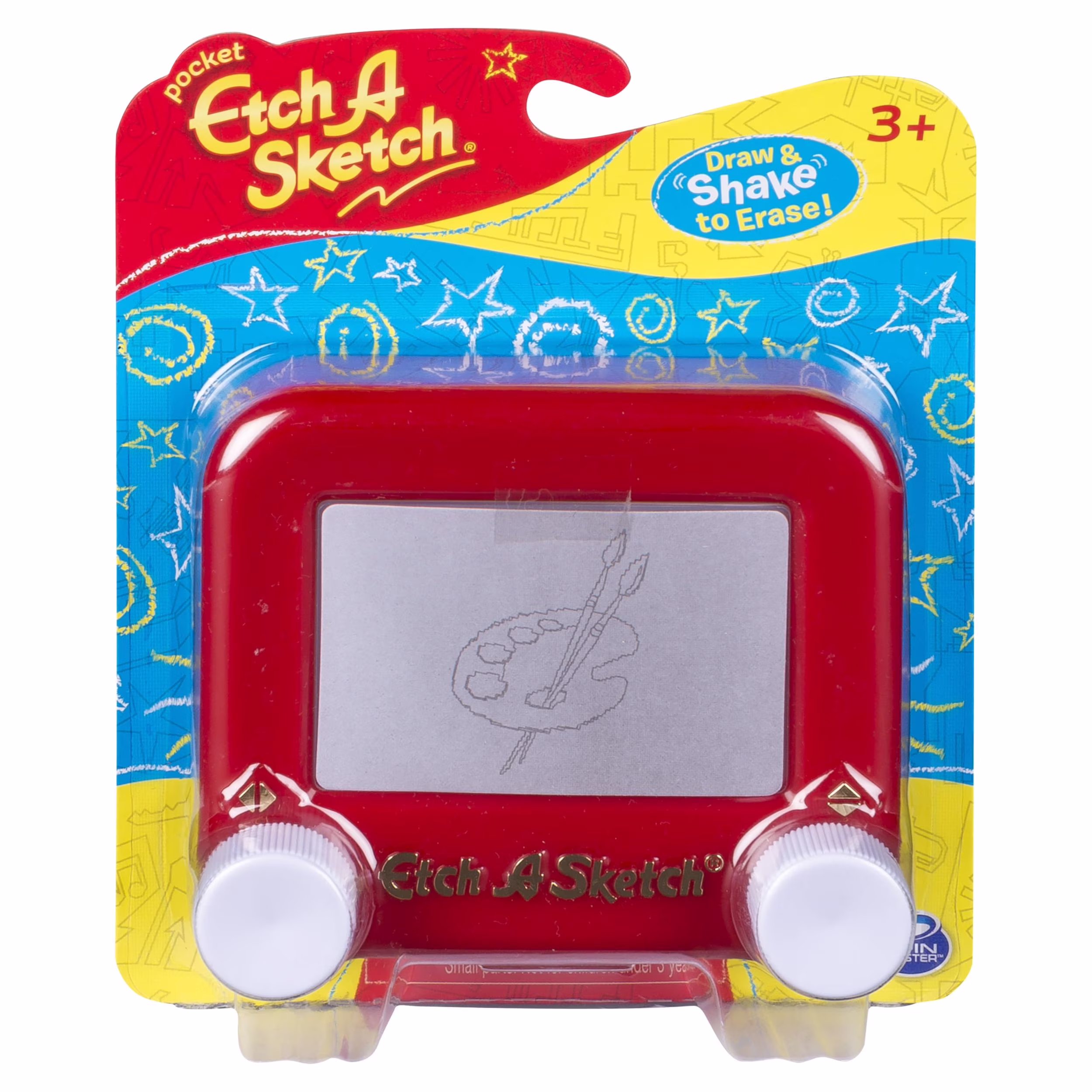 Pocket Etch A Sketch toy in retail packaging with a drawing of an artist’s palette and brushes on the screen.