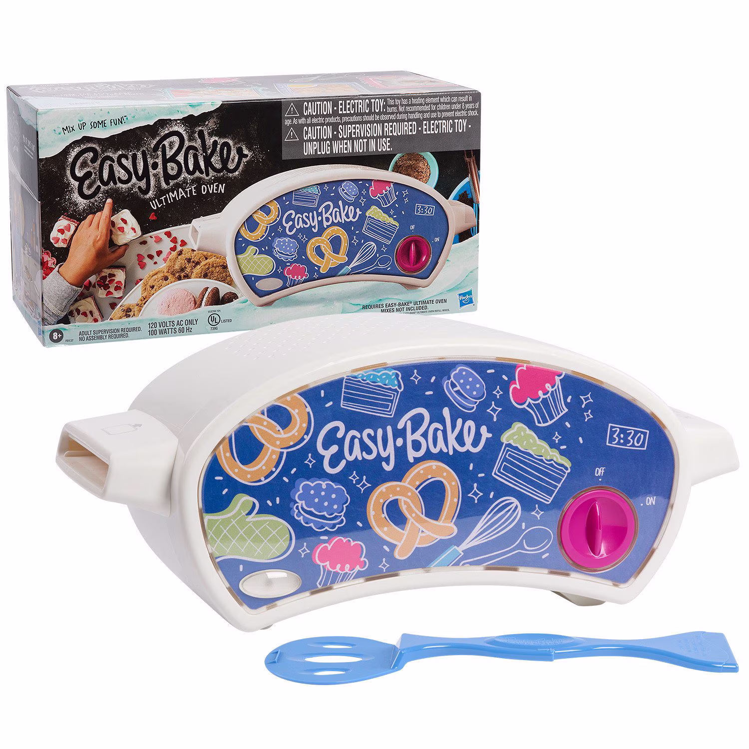 Easy-Bake Ultimate Oven with its product box and a blue plastic spatula.