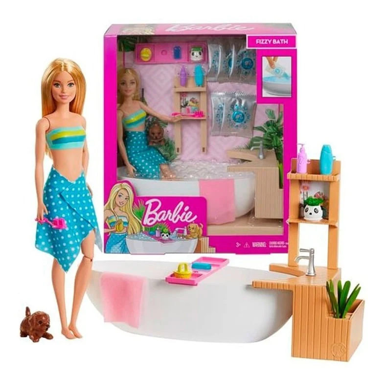 Barbie doll in a swimsuit and sarong with a puppy, a bathtub playset, bath accessories, and a tiered shelf with a plant.