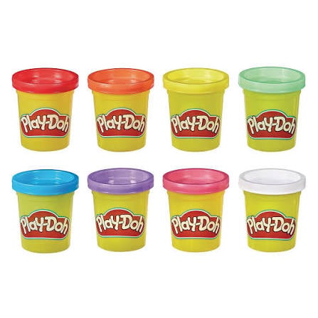 Eight yellow Play-Doh tubs with various colored lids arranged in two rows.