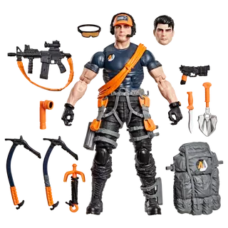 G.I. Joe action figure wearing a headset, tactical harness, and boots, surrounded by accessories including an interchangeable head, rifle, backpack, climbing axes, shovel, and handgun.