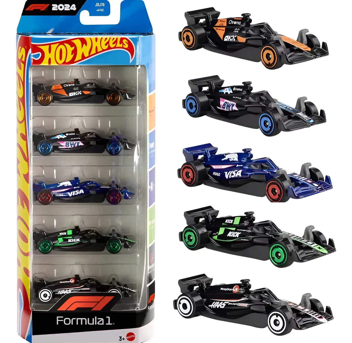 Hot Wheels Formula 1 2024 five-pack featuring five miniature race cars in their packaging and displayed individually.