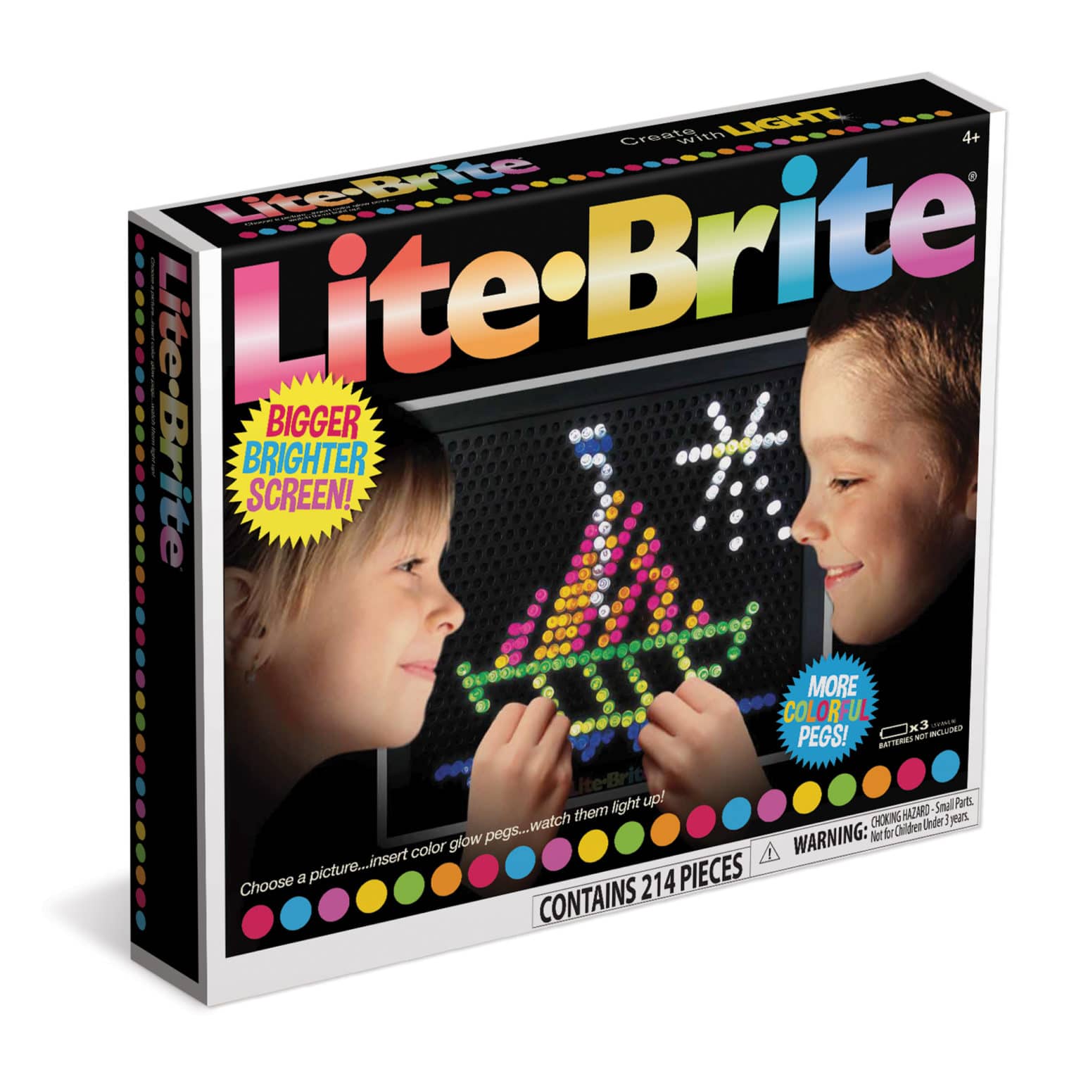 Lite-Brite toy box featuring a child using the light-up peg board to create a sailboat design.