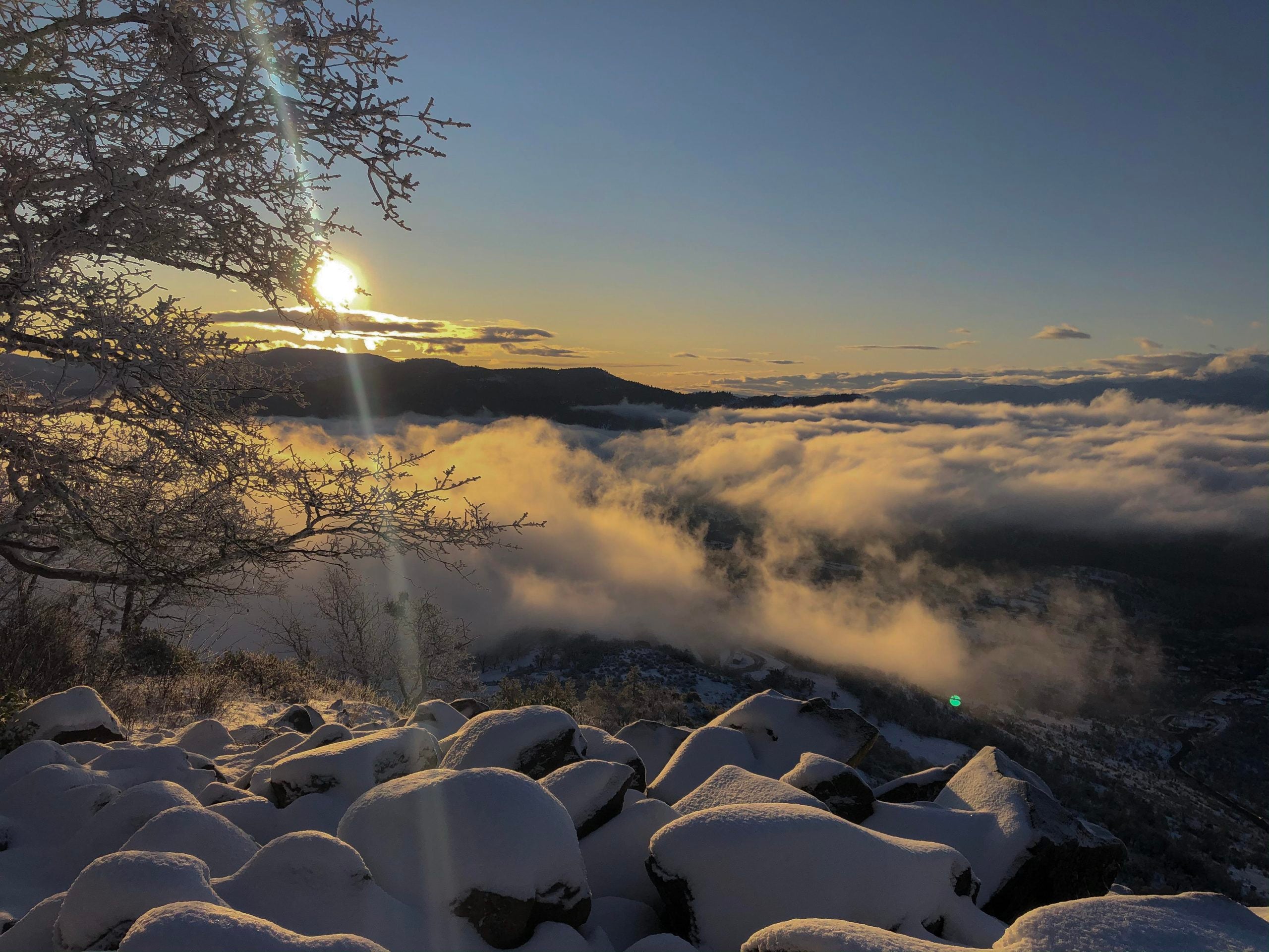 Sunlight breaks over snow-covered rocks and a frost-covered tree overlooking a valley filled with low-hanging clouds.