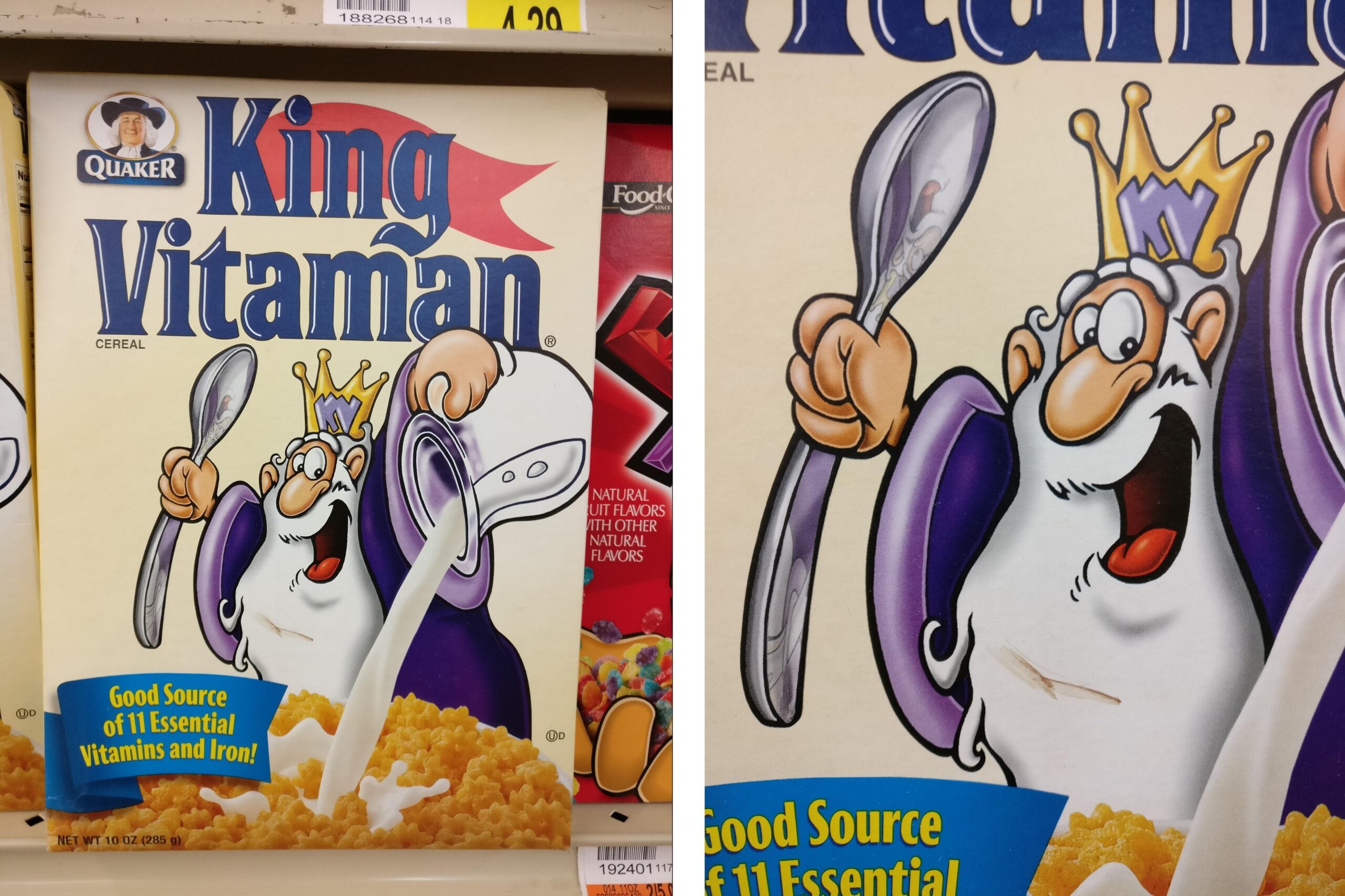 King Vitaman cereal box showing the cartoon mascot wearing a crown, holding a spoon, and pouring milk into a bowl of cereal.