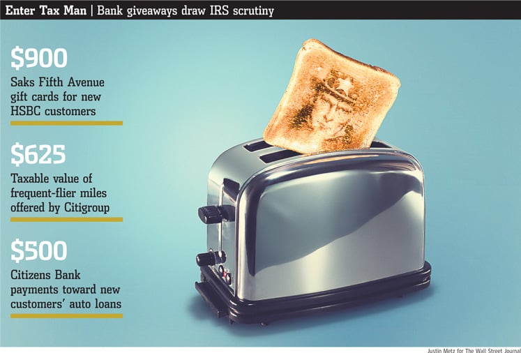 A piece of toast featuring an image of Uncle Sam popping out of a toaster, next to text detailing bank giveaway values for new customers. Things boomers got for free.
