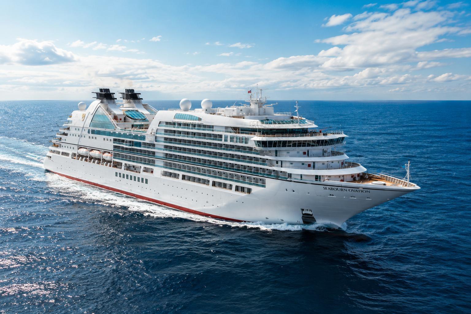 The cruise ship Seabourn Ovation, known for its refined cruise ship buffets, sails through open blue water under a cloudy sky.